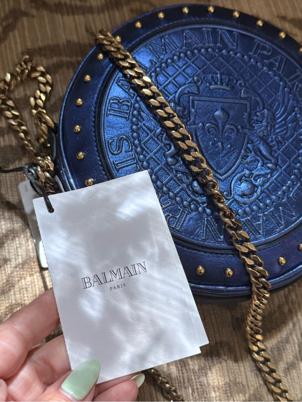 Balmain Navy Blue Round Embossed Crossbody with Gold Studs - Picture 5 of 7